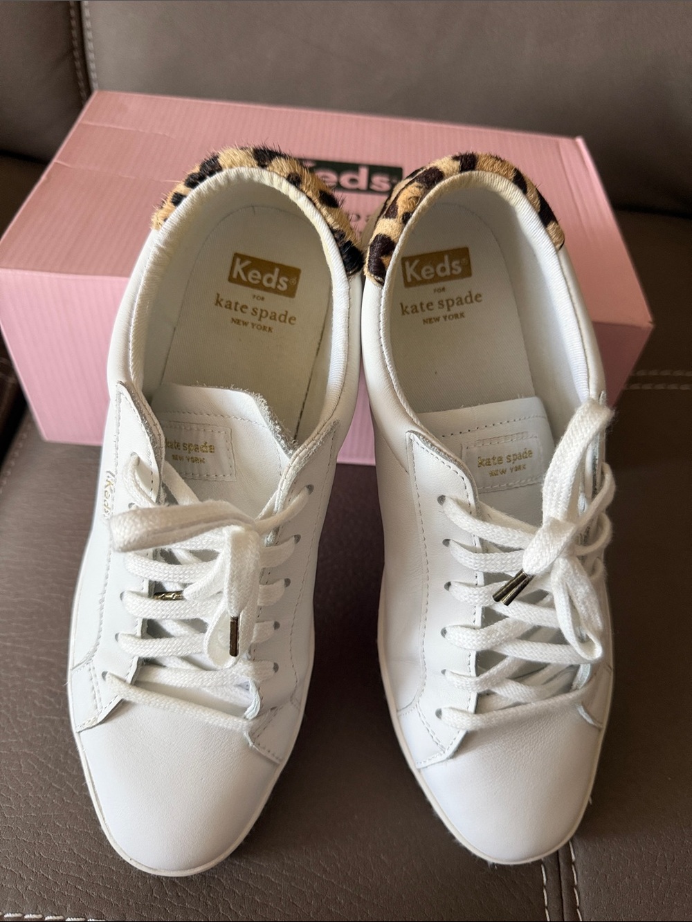 Keds x Kate Spade White Leather Sneakers with Leopard Heel